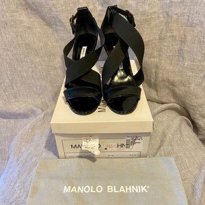 Manolo Blahnik Black Patent Wrap Wedge Size 36.5